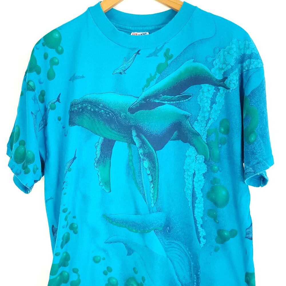 Vtg Whale Dolphin AOP T-Shirt Men's XL Blue Distressed Hanes Beefy-T 90s
